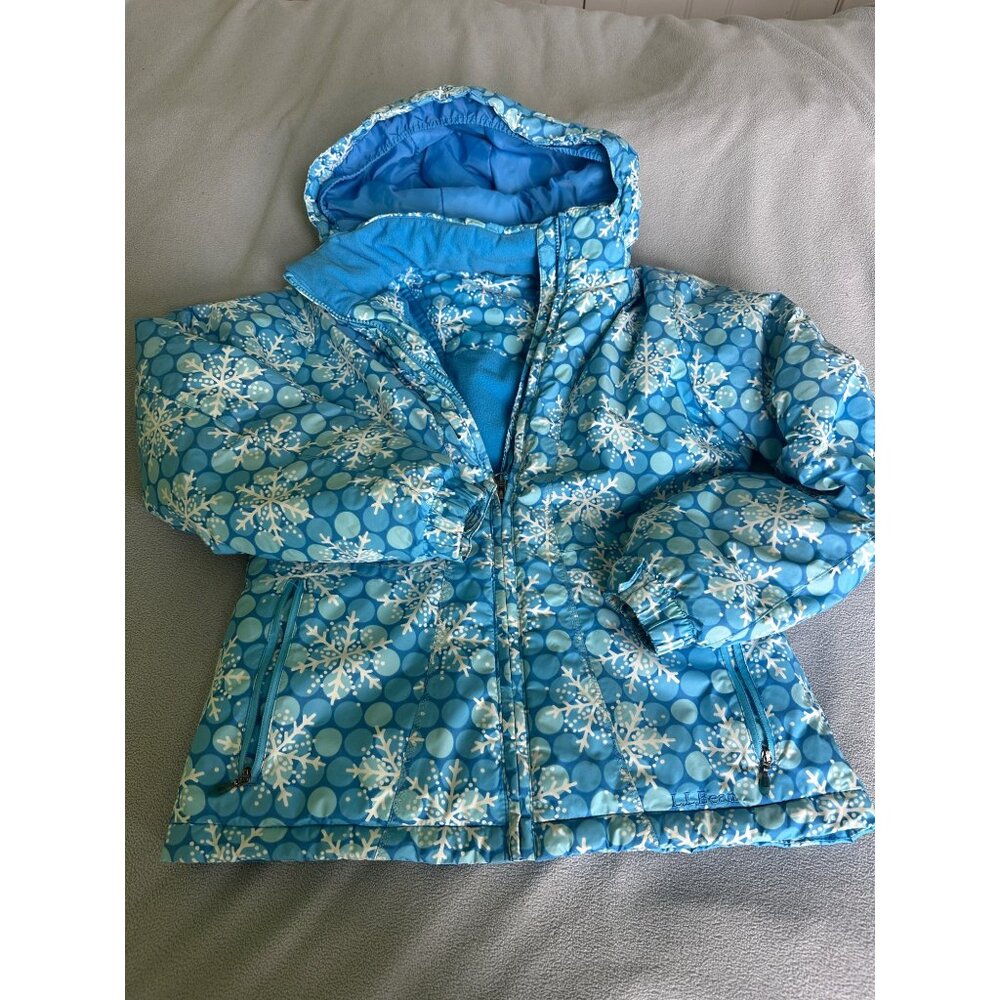 LL‎ Bean Jacket Girls Large Insulated Zip Hood Snowflake Puffer Coat Blue